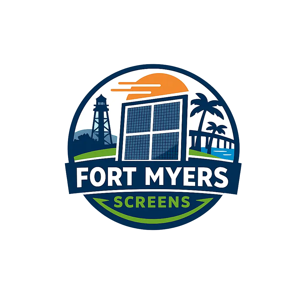 Fort Myers Screens company logo with stylized screen enclosure, palm trees, and lighthouse